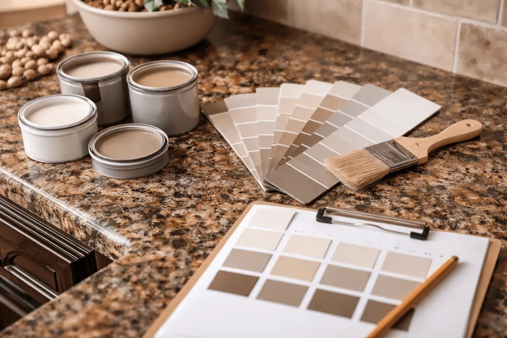 Kitchen with brown granite countertops and coordinated paint