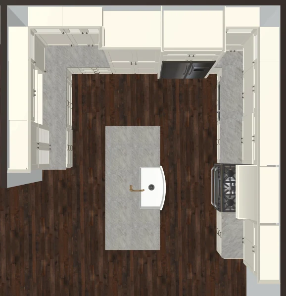 Overhead 3D plan view of the U-shaped kitchen layout with a center island