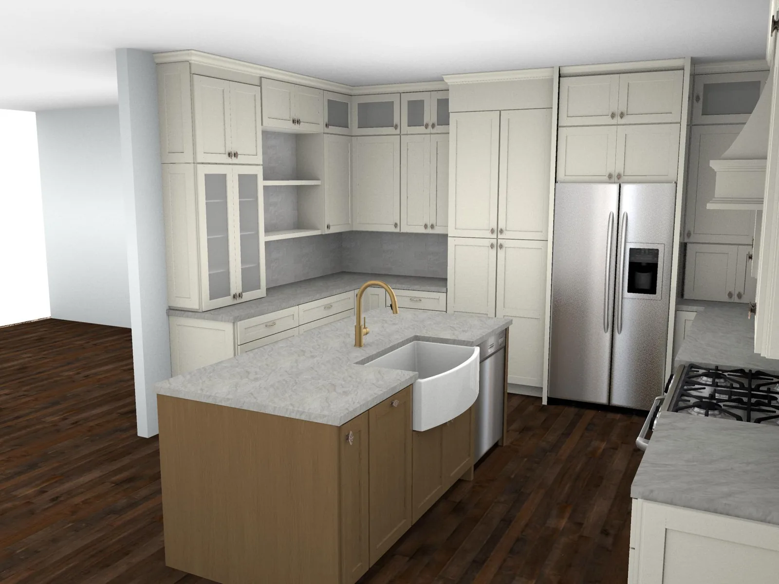 3D rendering of the kitchen island with an apron-front farmhouse sink and brushed brass faucet