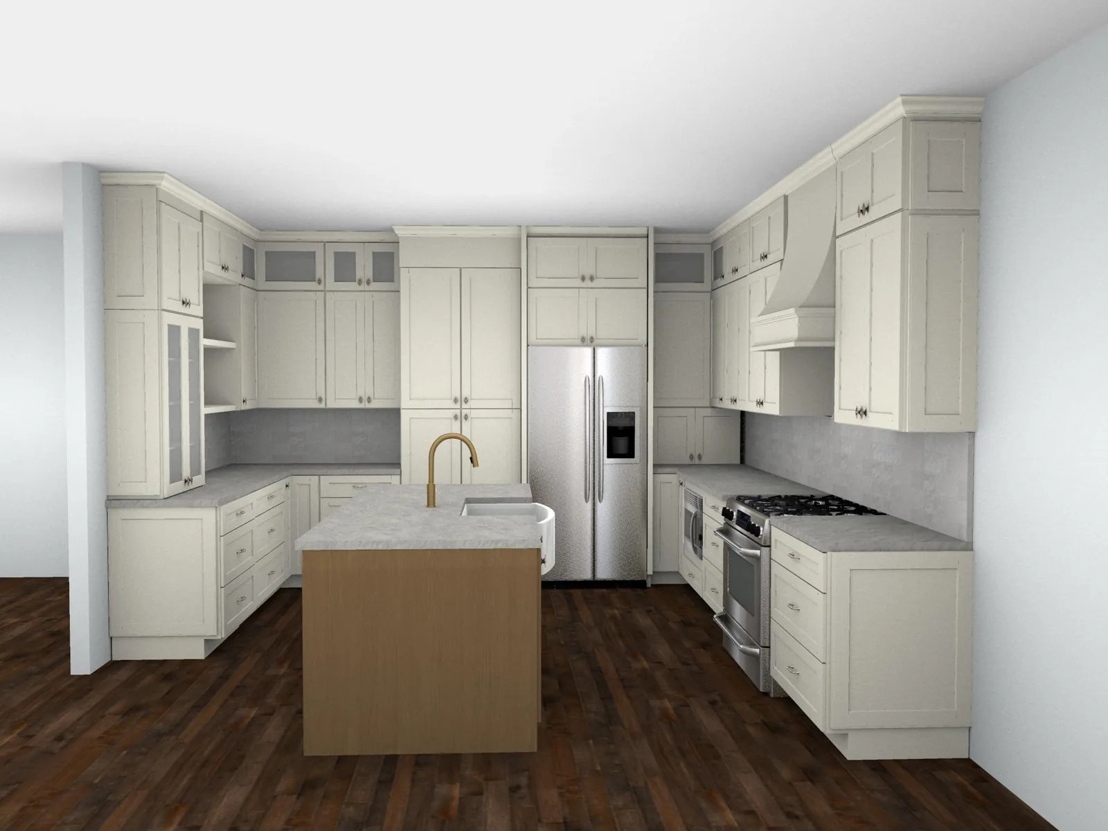 3D rendering of a Shaker kitchen design with an Antique White perimeter and an Essence Oak island