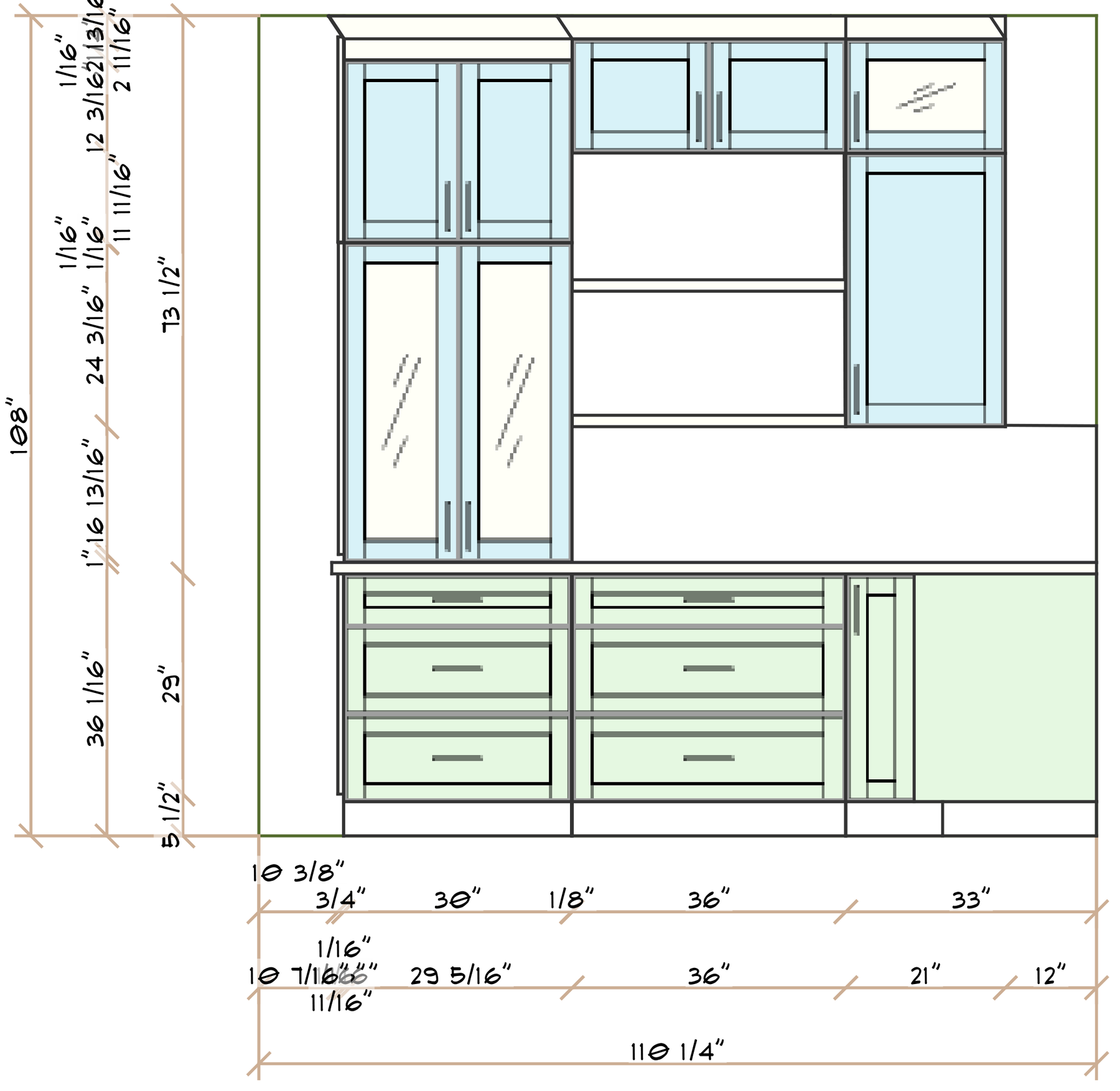 Kitchen elevation drawing of the hutch wall with deep drawers and glass-front upper cabinets