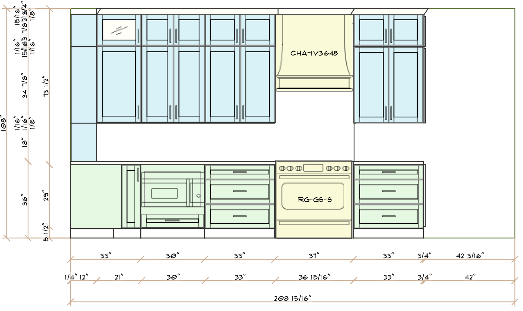 In-house kitchen elevation drawing of a range wall with dimensioned cabinetry and custom hood
