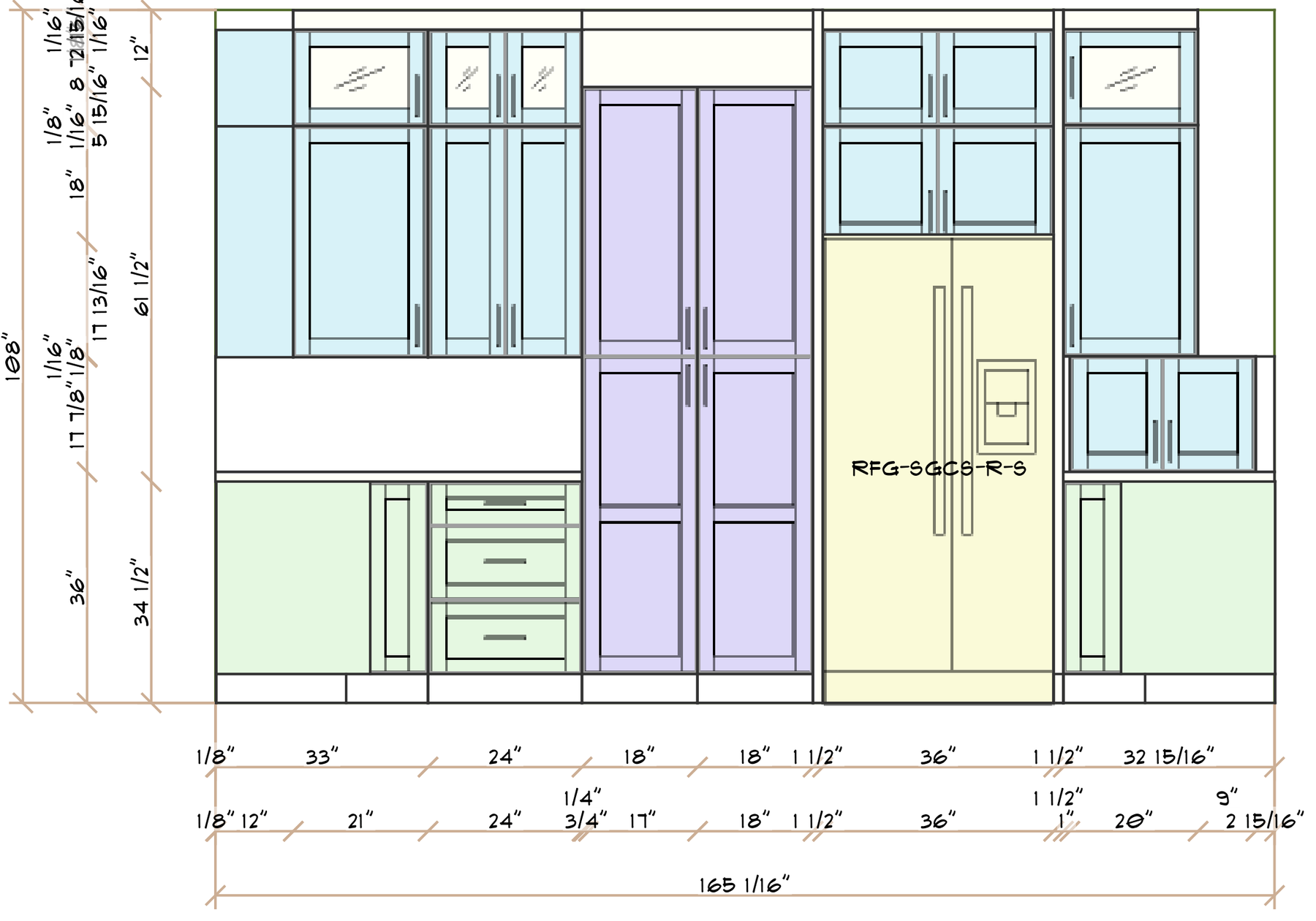 Kitchen elevation drawing of the refrigerator and pantry wall with glass-front upper cabinets