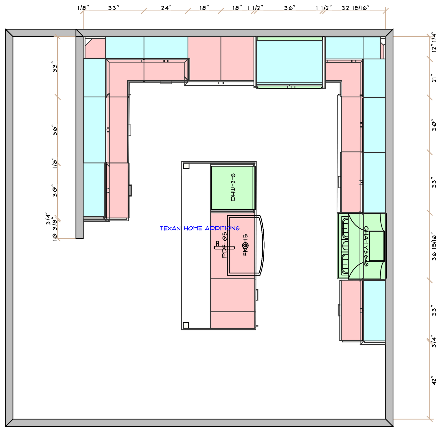 Dimensioned kitchen floor plan showing cabinet runs, the center island, and appliance placement