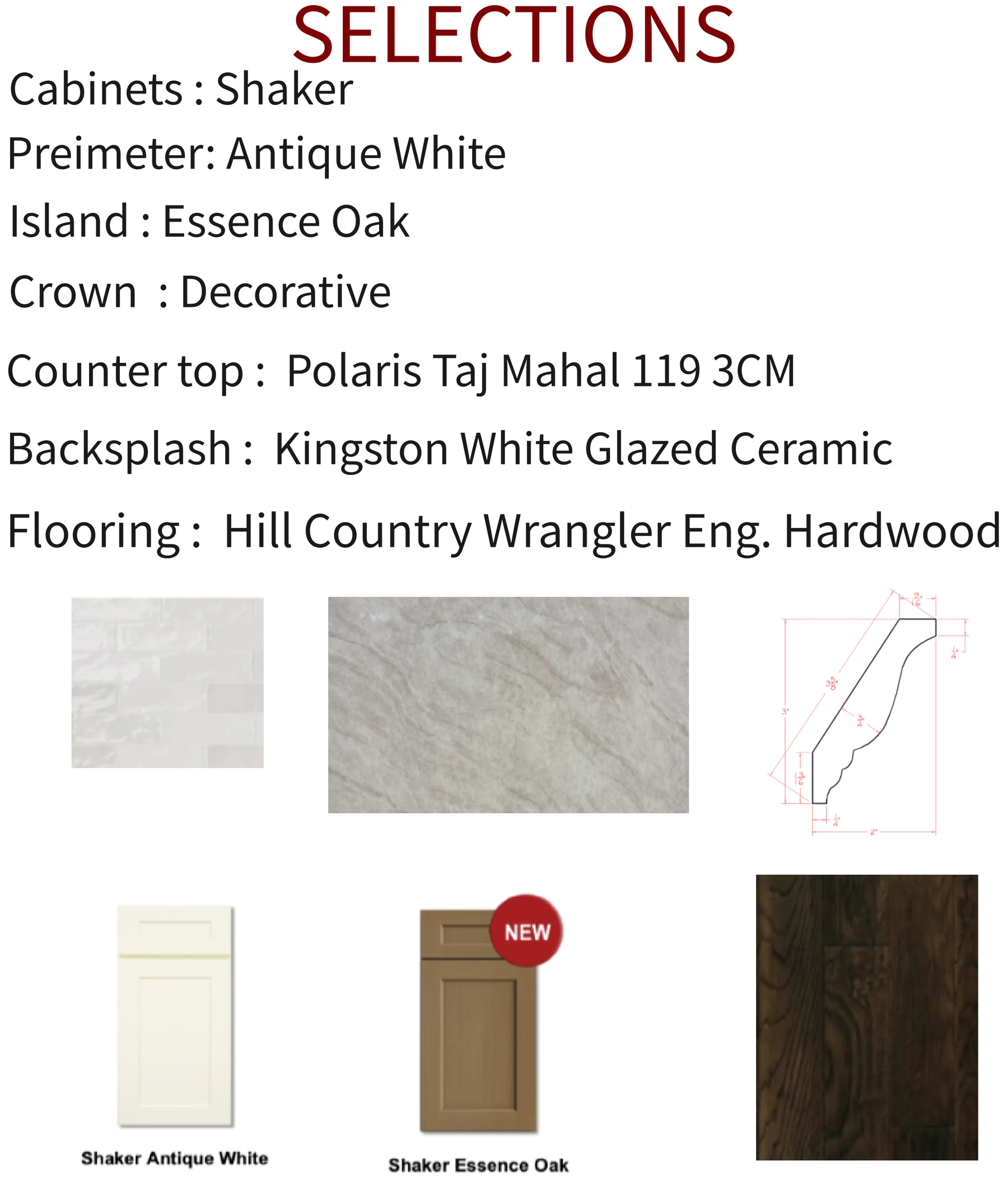 Kitchen selections sheet listing the cabinet, countertop, backsplash, and flooring choices with material samples